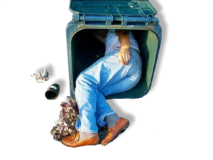 man in trash can